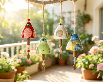 Adorno de pájaro pintado a mano con campana, guirnalda rústica de madera con forma de pájaro, campanilla de viento con forma de animal, adorno para ventana, campanilla de jardín, regalo para amantes de las aves.