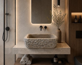 Handcrafted Travertine Stone Vessel Sink, Rustic Chiseled Bathroom Basin