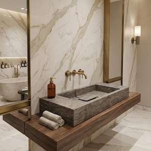 May include: A rectangular gray stone sink mounted on a thick wooden floating vanity shelf. The sink features a wall-mounted brass faucet and handles. A brown glass soap dispenser and three rolled beige towels sit on the wooden surface.