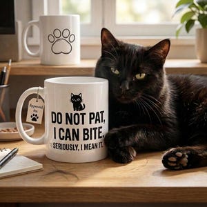 Puede incluir: Una taza de cerámica blanca con una ilustración de un gato negro y el texto "DO NOT PAT, I CAN BITE. SERIOUSLY, I MEAN IT." Una pequeña etiqueta unida al asa dice "Approved by:" con una huella de pata. Se ve una segunda taza blanca con una huella.