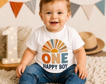 Personalized One Happy Boy Birthday Shirt, Custom Retro Sunshine First Birthday Toddler Outfit