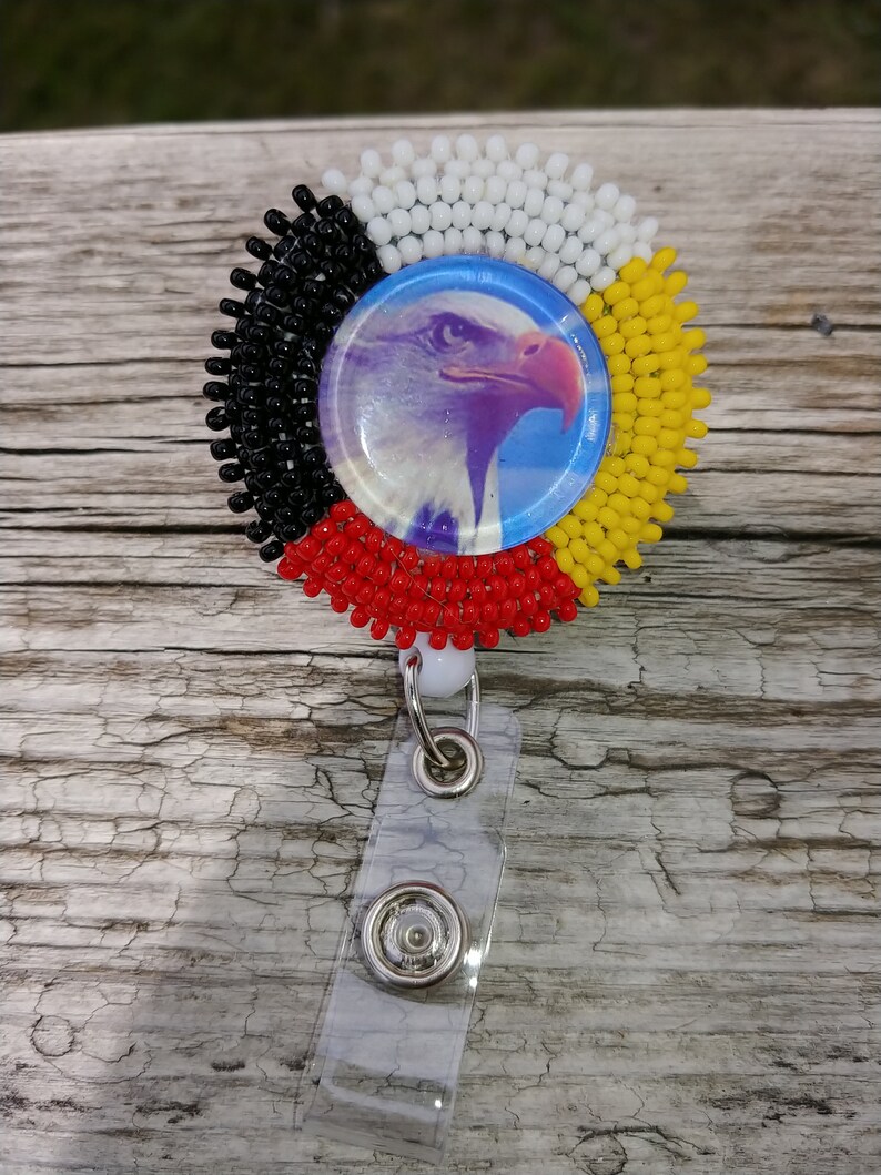 first Nation badge wheel holder native American beadwork eagle badge wheel holder