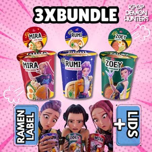 Puede incluir: Un paquete de 3 tazas de ramen instantáneo KPOP Demon Hunters con los personajes Mira, Rumi y Zoey. Cada taza muestra una etiqueta de sabor única, una ilustración del personaje y una tapa a juego. El set incluye etiquetas y tapas para cada taza.