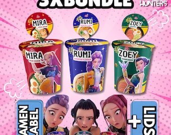 Kpop Demon Hunters, Cup Noodle Labels Ramyeon, Cosplay Party Huntrix Ramen, Rumi Mira Zoey, Kpop party, Printable pack, Halloween party