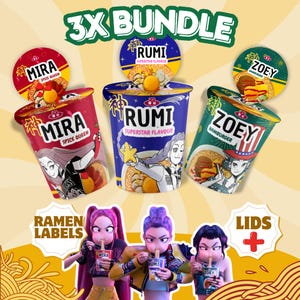 以下が含まれることがあります： 赤のMira Spice Queen、青のRumi Superstar Flavour、緑のZoey Hamburgerのインスタントラーメンカップ3個セット。各カップには、キャラクターアートとテキストが描かれた円形の蓋が付いています。カップを食べている3人のアニメキャラクターが下に描かれており、RAMEN LABELSとLIDSのラベルが付いています。