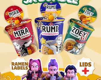 Kpop Demon Hunters, Cup Noodle Labels Ramyeon, Cosplay Party Huntrix Ramen, Rumi Mira Zoey, Kpop party, Printable pack, Halloween party