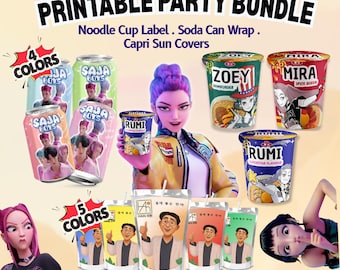 K-Pop Demon Hunters Party Labels | Saja Boys Soda Can Wraps | Dr Han Capri Sun Juice Label | Ramen Cup Label | Kpop Printable Party Favors