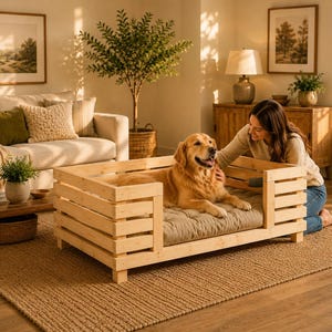 May include: A rectangular pet bed frame constructed from light-colored horizontal wooden slats with a low-profile design and an open top. Inside the frame lies a thick, tufted, beige-colored cushion that provides a soft surface for a golden dog.