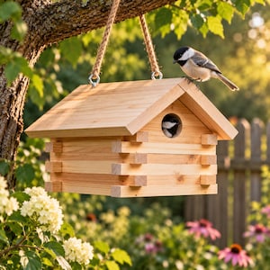 Op de afbeelding: Een lichtgekleurd houten vogelhuisje met een blokhutontwerp, voorzien van een zadeldak en een ronde opening. Twee kleine zwart-witte vogels zijn aanwezig, één zittend op de nok van het dak en één zichtbaar in de opening.