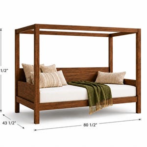 May include: A wooden canopy daybed with a white mattress, beige textured pillows, and a green throw blanket. The frame measures 212.09 cm in height, 110.49 cm in depth, and 204.47 cm in length, as indicated by the dimension lines provided in the image.