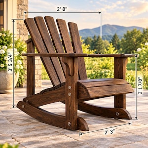 May include: A dark brown wooden rocking chair with a slatted back and seat. Dimensions are 2' 8" wide, 3' 5 3/4" high, 2' 1 7/8" armrest height, and 2' 3" deep. The chair features visible metal hardware connecting the curved rockers to the frame.