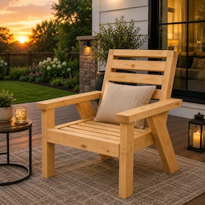 Op de afbeelding: Een lichtgekleurde houten fauteuil met een lattenbodem en rugleuning, voorzien van dikke vierkante poten en platte armleuningen. Een rechthoekig beige kussen met dunne verticale witte strepen rust tegen de rugleuning van de stoel.