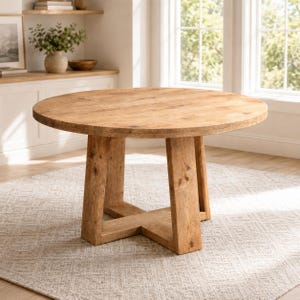 May include: A round dining table constructed from light brown wood with a visible natural grain pattern. The table features a circular top supported by a sturdy base consisting of four vertical legs connected by a central cross-shaped support structure.