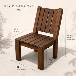 May include: A dark brown wooden chair with vertical back slats and a horizontal slatted seat. Text labels indicate key dimensions: 18 inches for slats, 38 inches for back supports, 17 inches for front legs, and 22 inches for seat depth.