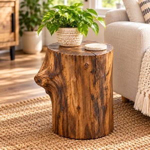 Peut inclure: Une table d'appoint cylindrique en bois fabriquée à partir d'une souche d'arbre naturelle avec une finition brun foncé, un grain de bois visible et un nœud proéminent sur le côté. Une plante verte dans un pot en céramique blanc texturé est posée.