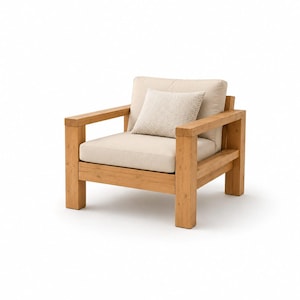 Può includere: Una poltrona in legno con finitura marrone chiaro, dotata di un cuscino di seduta spesso e di uno schienale in tessuto beige neutro. Un cuscino decorativo quadrato più piccolo con un sottile motivo a spina di pesce poggia sullo schienale.