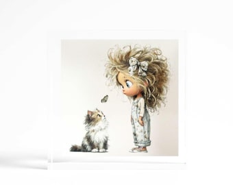 Bloque de arte acrílico con una linda niña y un gato, un bonito regalo para amantes de los gatos | Decoración de escritorio o estante para amantes de los gatos