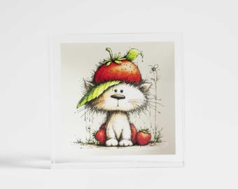 Bloque de arte acrílico con un lindo gato y una fresa, un regalo para los amantes de los gatos, queda muy bien en un escritorio, estante o como regalo de cumpleaños.