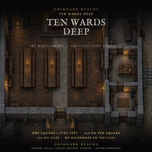 May include: A top-down digital battlemap titled Ten Wards Deep, featuring a large wooden hall with three long tables and smaller stone rooms. The image includes a grid overlay, text labels, and technical specifications like 140 px per square.