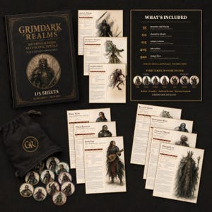 May include: A Grimdark Realms Monster & Hero stat block bundle featuring a black book, multiple character sheets with dark fantasy illustrations, a black drawstring bag with a gold logo, and circular tokens. Includes a list of 520 total files.
