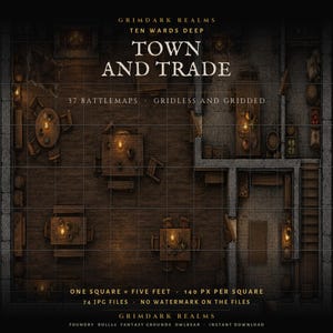 May include: A top-down digital battlemap titled Town and Trade, featuring a dark wooden tavern interior with tables, chairs, and candles. The grid overlay shows one square equals five feet. Text includes 37 battlemaps, gridless and gridded.
