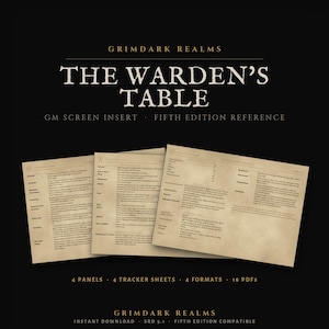 May include: A set of three beige, parchment-style reference sheets titled The Warden's Table, featuring black text for a tabletop roleplaying game. The sheets include columns of rules, tables, and game mechanics, with the text Grimdark Realms above.