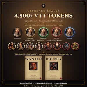 Op de afbeelding: Een digitale collectie genaamd Grimdark Realms met 4.500+ VTT-tokens, een token ring maker en een poster maker. De afbeelding toont diverse karakterportretten in ronde kaders met gouden, groene en rode ringen, plus twee afdrukbare posters.
