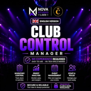 Gestor de control de clubes / Software de gestión e inventario de bares / Inventario de licores / Gestión de existencias / Seguimiento de beneficios de eventos / Excel / Inglés