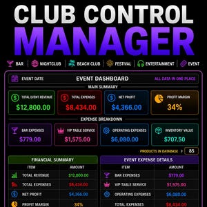 Club Control Manager | Software für Barbestandsverwaltung | Spirituosenbestand | Lagerverwaltung | Event-Profit-Tracker | Excel | Englisch