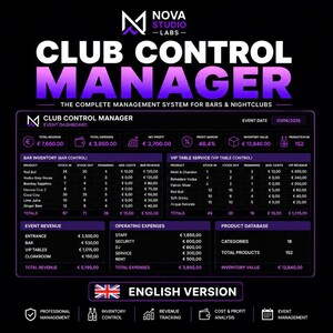 Club Control Manager | Software für Barbestandsverwaltung | Spirituosenbestand | Lagerverwaltung | Event-Profit-Tracker | Excel | Englisch