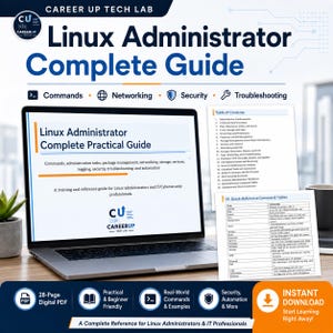 May include: A digital guide titled Linux Administrator Complete Guide by Career Up Tech Lab, displayed on a laptop screen. The guide covers commands, networking, security, and troubleshooting, featuring a table of contents and command tables.