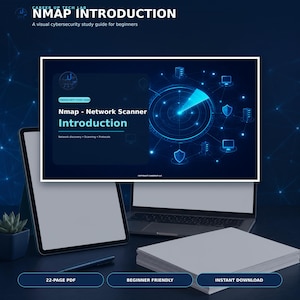 May include: A digital cybersecurity study guide titled Nmap Introduction, featuring a dark blue background with a glowing radar graphic, network icons, and text detailing network discovery, scanning, and protocols for a 22-page PDF download.