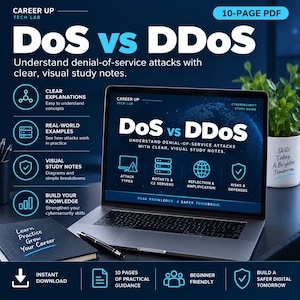 Op de afbeelding: Een 10-pagina tellende PDF-studiegids over cybersecurity genaamd DoS vs DDoS, weergegeven op een laptopscherm. De gids bevat secties over aanvalstypen, botnets en risico's. Een zwart notitieboek met tekst ligt naast de laptop op het bureau.