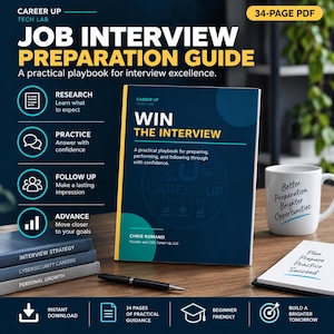 May include: A 34-page PDF job interview preparation guide titled WIN THE INTERVIEW by Chris Romano. The cover is dark blue with teal accents, featuring the text A practical playbook for preparing, performing, and following through with confidence.