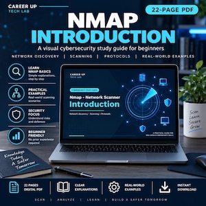 May include: A 22-page digital PDF study guide titled Nmap Introduction, displayed on a laptop screen. The guide features cybersecurity topics like network discovery, scanning, and protocols. Includes a black notebook with the text Knowledge Today A Safer Tomorrow.