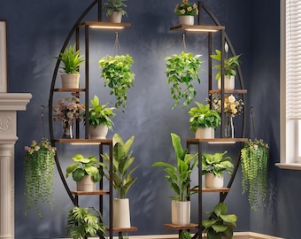 63" Half Moon Plant Stand with Grow Lights, 6-Tier Metal Shelf (Set of 2)