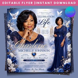 May include: A memorial service flyer featuring a portrait of a woman in a dark blue gown, white roses, and doves. Text includes: Celebration of Life, Charlene Michelle Johnson, Sunrise May 15 1955, Sunset April 30 2025, and Greater Hope Baptist Church.
