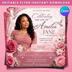 May include: A memorial flyer template featuring a portrait of a woman in a mauve dress, surrounded by pink roses and white doves. Text includes "Celebrating the Life of Amelia Jane Thompson," dates, service details, and "A Heart of Gold."
