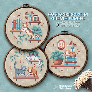 May include: Three circular wooden embroidery hoops containing cross stitch patterns of cats, books, and plants. The text reads: CATS AND BOOKS IN SHELVES BUNDLE 3 CROSS STITCH PDF PATTERNS. The designs feature various cat colors, potted greenery, and books.