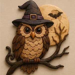 May include: A wooden wall art piece featuring a brown owl wearing a dark purple witch hat, perched on a dark brown branch. Behind the owl is a large, light-colored circular moon with a small, dark brown bat silhouette flying in front of it.