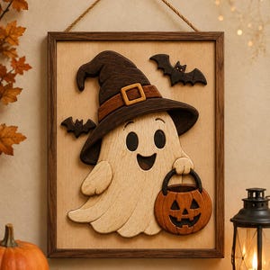 May include: A rectangular wooden wall hanging featuring a layered, light-colored ghost wearing a dark brown witch hat. The ghost holds an orange jack-o'-lantern bucket, and two small dark bats are positioned above and to the side of the ghost.