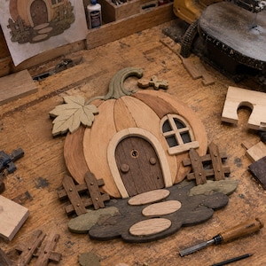 Peut inclure: Une décoration murale en bois en forme de maison citrouille avec une porte cintrée marron foncé, une petite fenêtre et une tige vert clair. Le motif comprend une feuille vert clair, deux petites clôtures en bois et trois pas japonais ovales.
