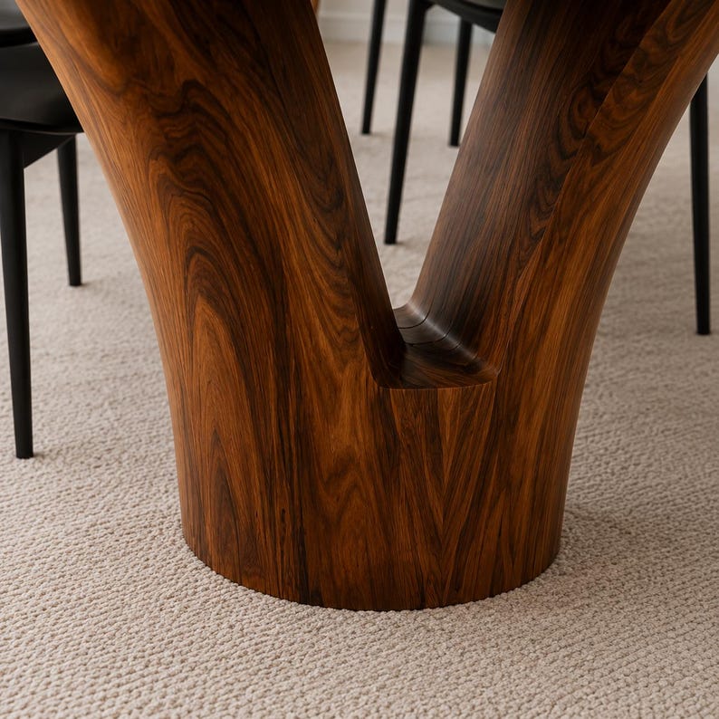 May include: A dark brown wooden table base with a distinct V-shaped split design. The wood features a prominent, swirling grain pattern with deep mahogany and chocolate tones, showcasing a smooth, polished finish on the curved structure.