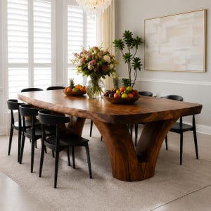 May include: A large, solid wood dining table with a natural live edge, supported by a thick, V-shaped pedestal base. The table is surrounded by eight black chairs with curved backrests and is topped with two wooden bowls of fruit and a flower vase.