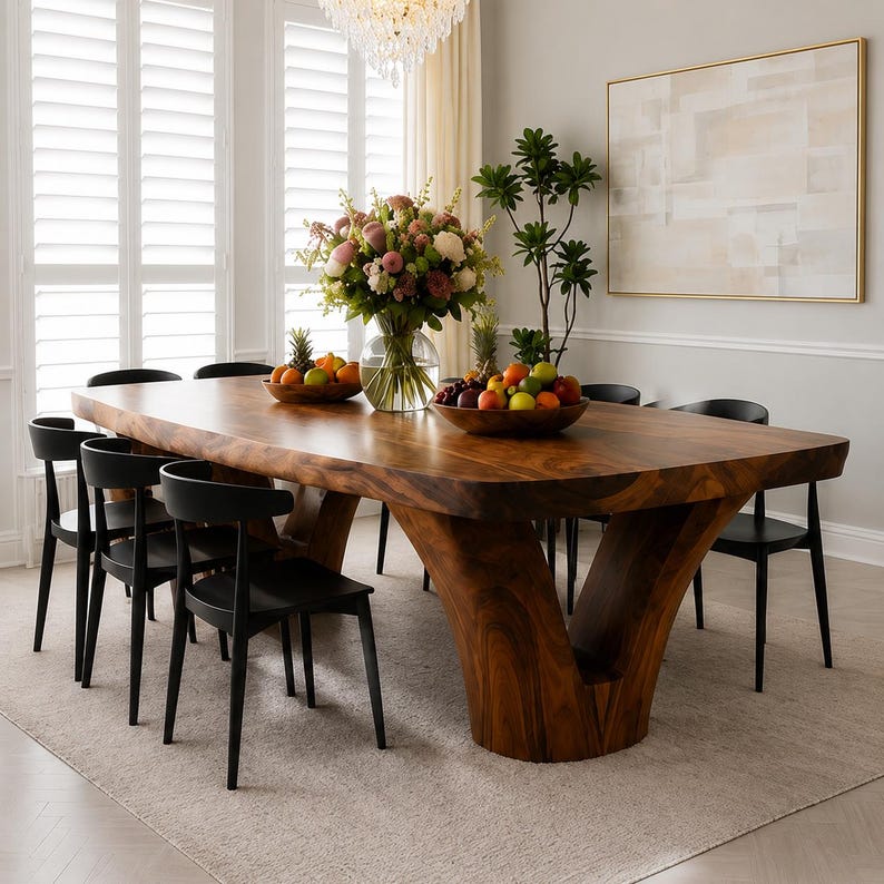 May include: A large, solid wood dining table with a natural live edge, supported by a thick, V-shaped pedestal base. The table is surrounded by eight black chairs with curved backrests and is topped with two wooden bowls of fruit and a flower vase.