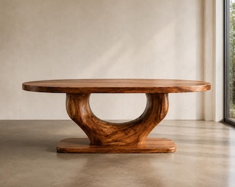 Handcrafted Solid Walnut Round Dining Table, Modern Sculptural Pedestal Base Luxury Scandinavian Japandi Wooden Dining Room Table