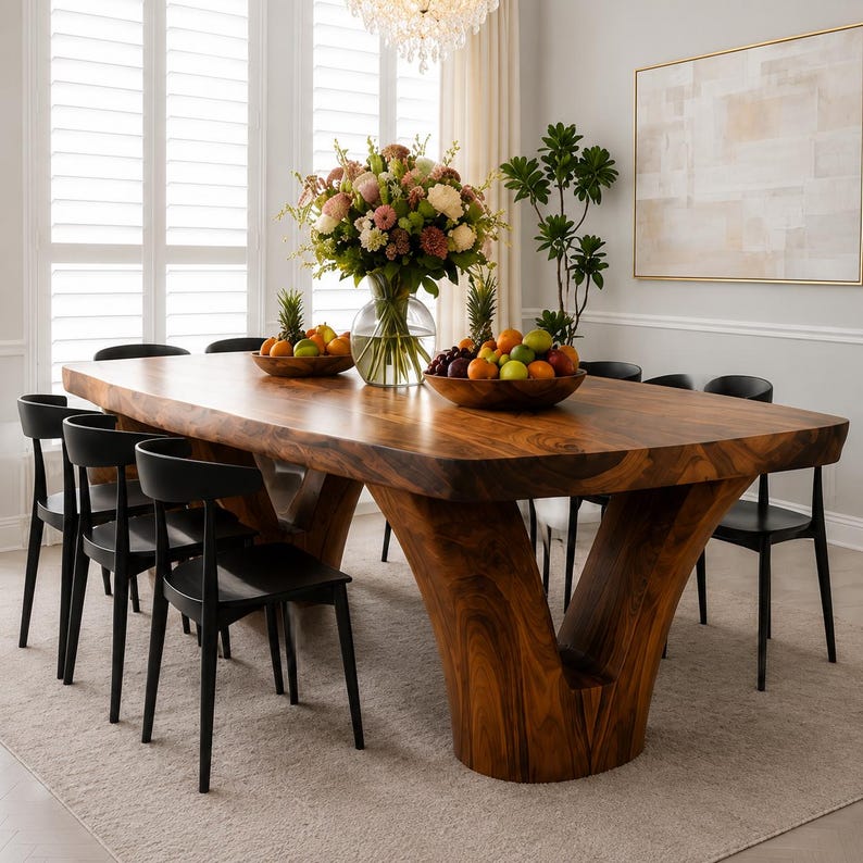 May include: A large rectangular wooden dining table with a natural live edge and a thick, V-shaped pedestal base. The table is surrounded by eight black chairs and features a glass vase filled with flowers and two wooden bowls of fruit.