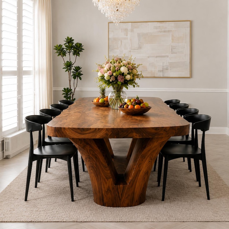 May include: A large, solid wood dining table with a natural grain pattern and a thick, live-edge top, supported by a central V-shaped pedestal base. The table is surrounded by ten black chairs with curved backrests and sits on a light beige rug.