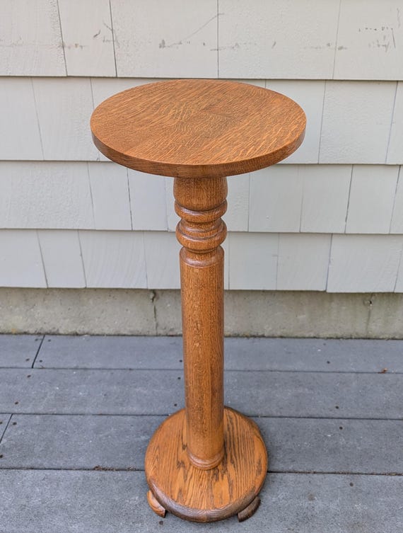 Vintage Solid Tiger Oak Wood Pedestal Plant Stand - *** Local Pickup Only / No Shipping ***