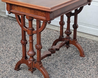 Antique Victorian Hallway Side or Parlor Table, Drawer, Walnut & Burl Trim, Ornate Details - *Free Local Pickup / Request Shipping Options*